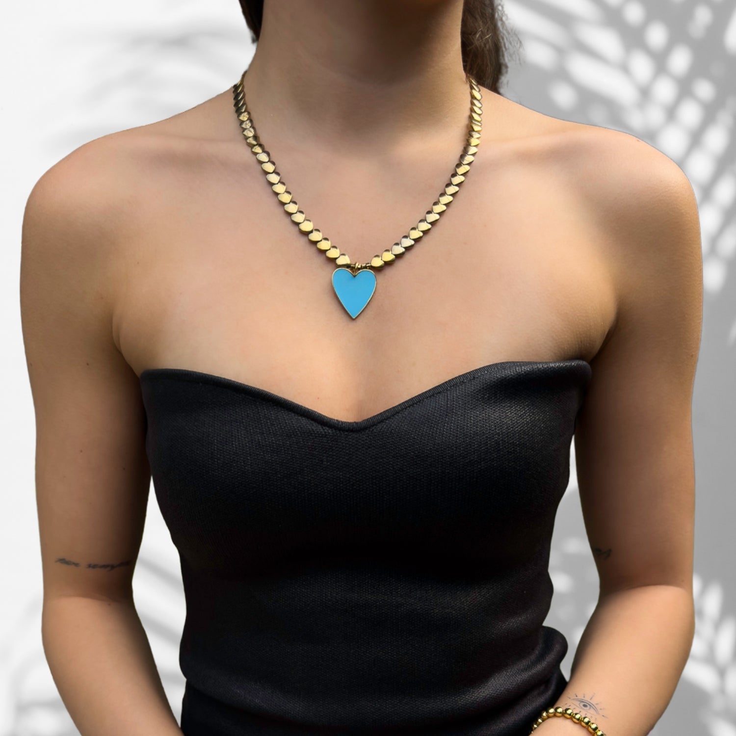 Elegant Blue Heart Pendant Necklace with Gold Hematite Heart Beads, Handcrafted in USA