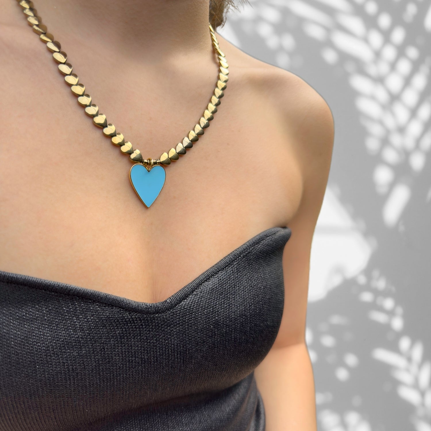 18K Gold-Plated Blue Enamel Heart Pendant Necklace with Heart-Shaped Gold Hematite Beads, USA