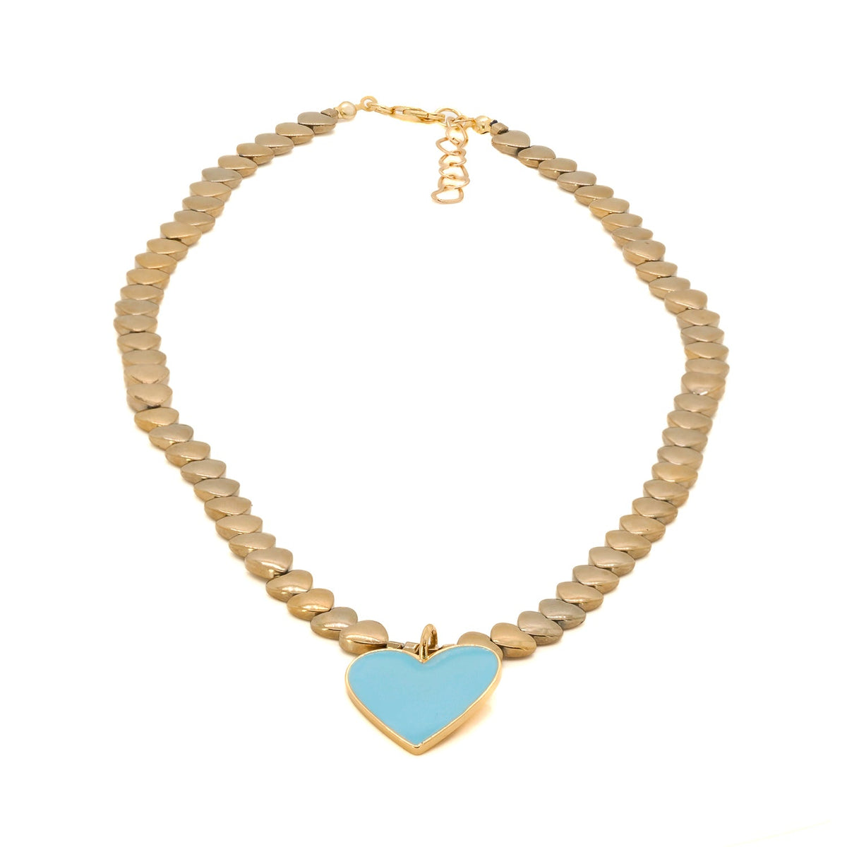 Blue Heart Pendant Necklace with Gold Hematite Heart Beads, Symbolizing Calmness, Handmade in USA