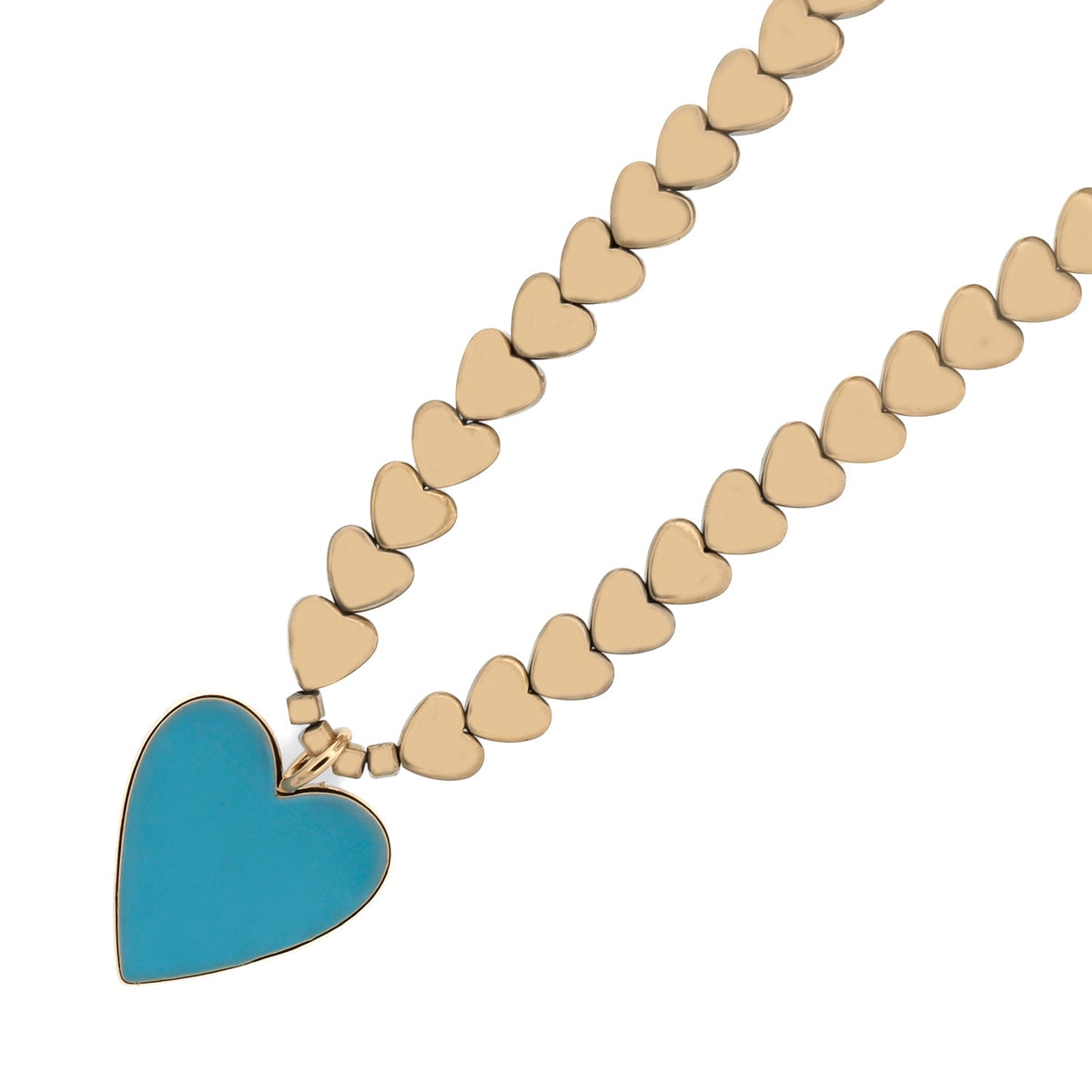 Stylish Blue Heart Pendant Necklace with Gold Heart Beads and Grounding Hematite, Handmade in USA