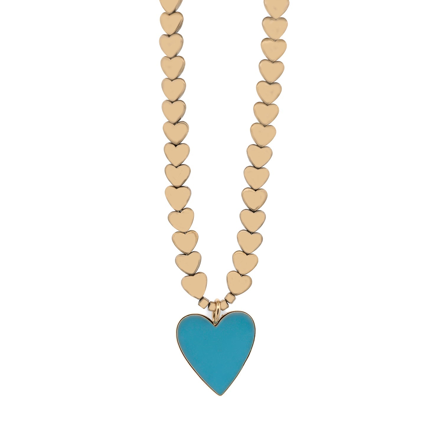 Calmness Blue Heart Pendant Gold Heart Beaded Necklace with Gold Hematite Beads, Handmade in USA
