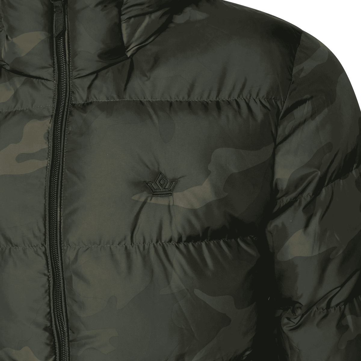Close-up of lined hood with adjustable cords on camo-patterned puffer jacket