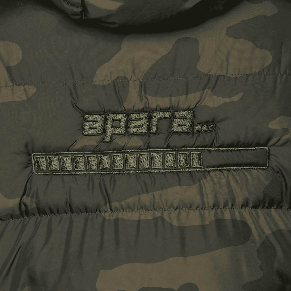 Close-up of lined hood with adjustable cords on camo-patterned puffer jacket