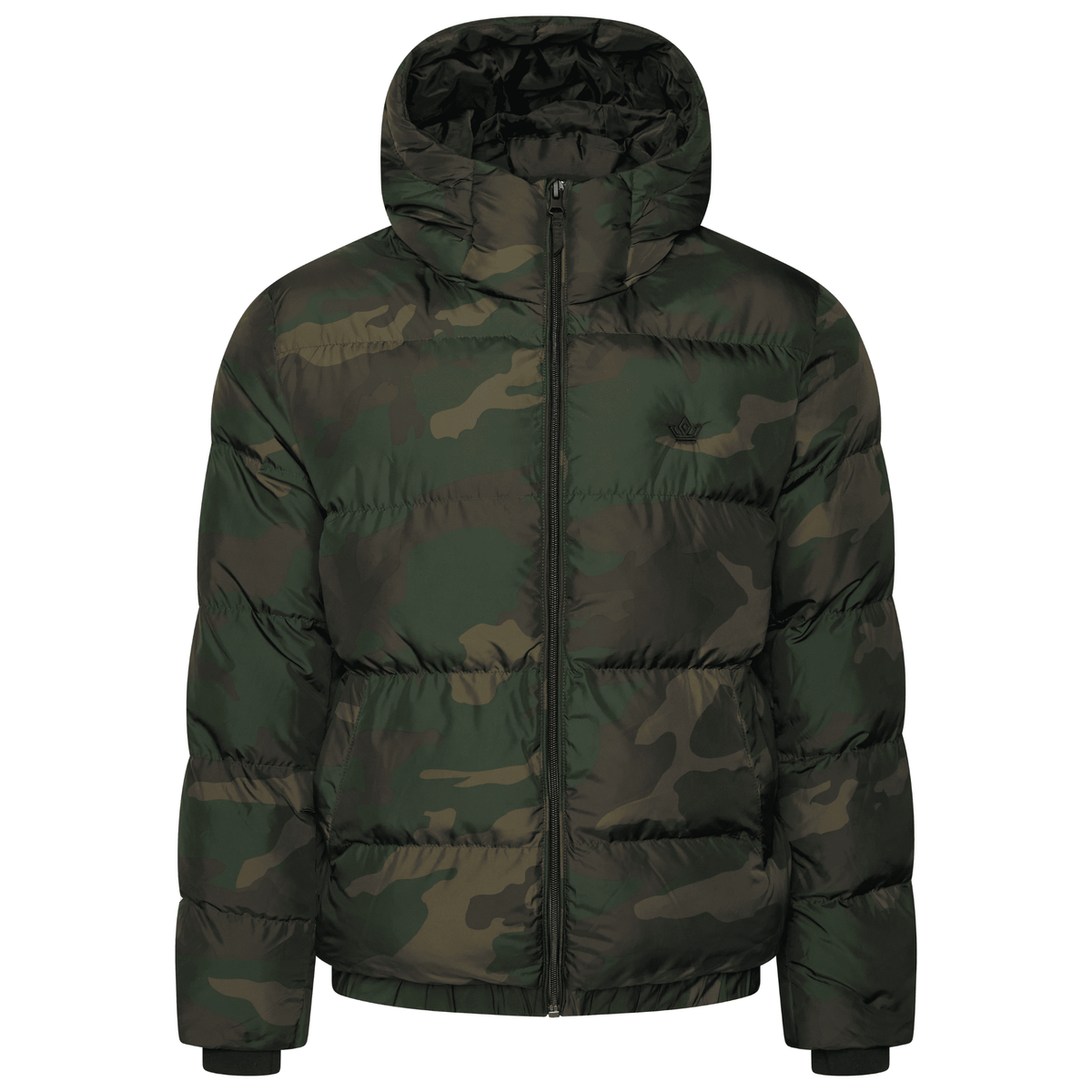 Front view of camo black khaki oversized puffer jacket with skeleton crown embroidery by ACRA