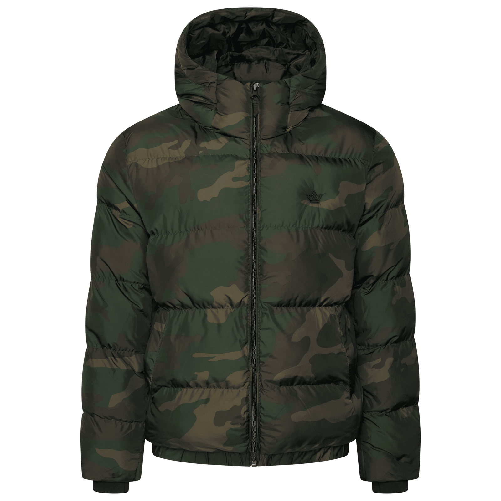 Front view of camo black khaki oversized puffer jacket with skeleton crown embroidery by ACRA