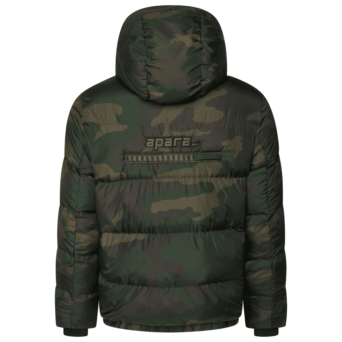 Back view of camo black khaki puffer jacket showing large APARA LOADING logo embroidery