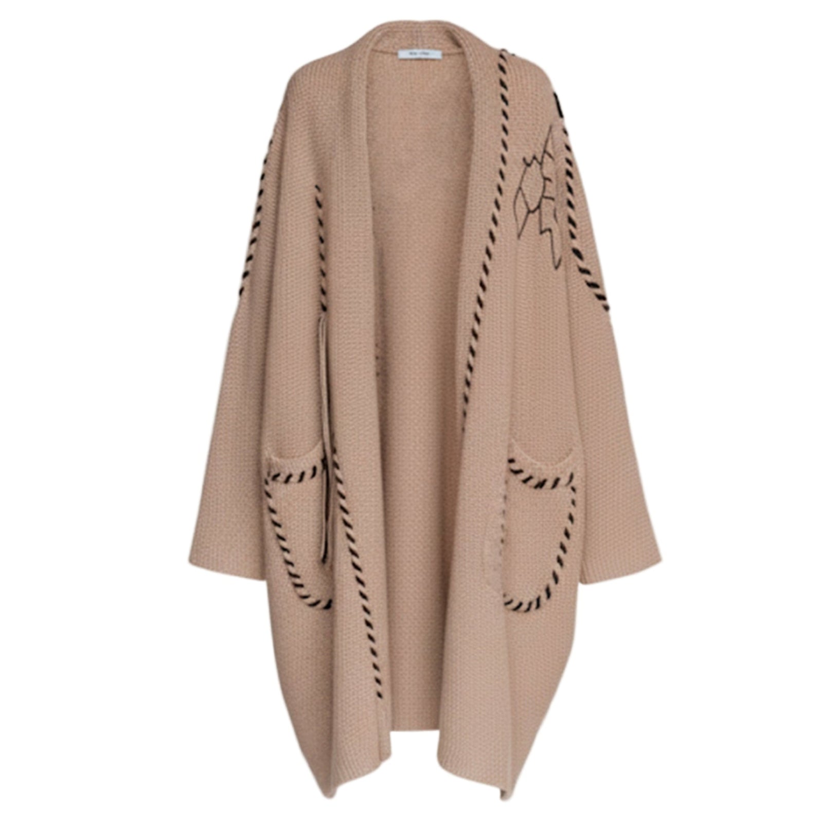 Beige cardigan with black embroidery on a light gray background