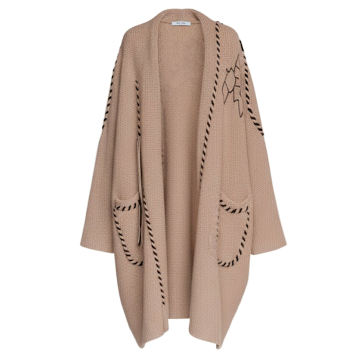 Beige cardigan with black embroidery on a light gray background