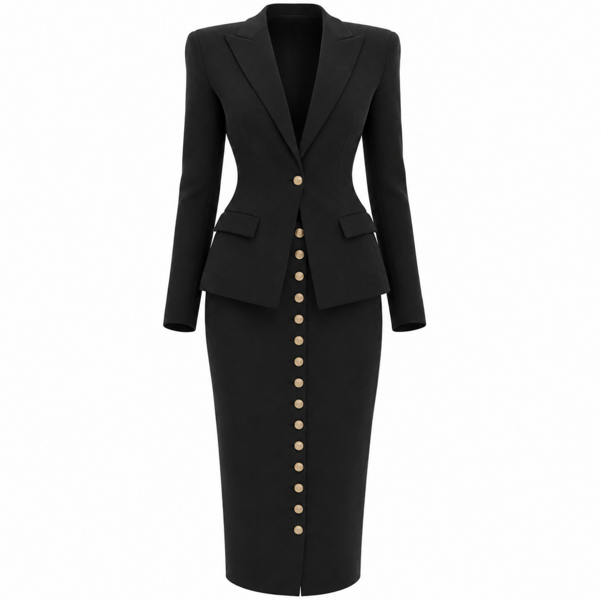 Black Structured Skirt Suit with Gold Buttons