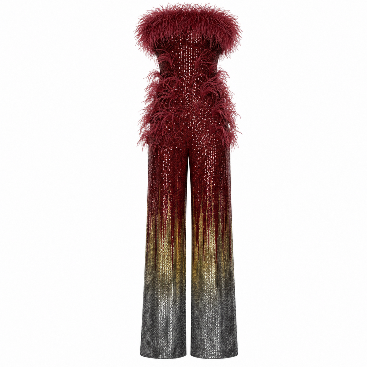 Red Ombre Sequin Feather Jumpsuit