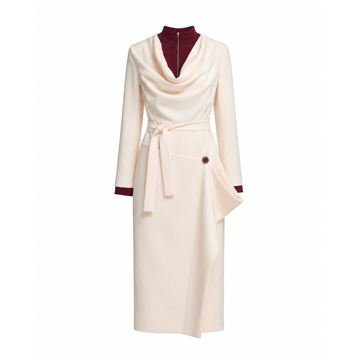 Two-Tone Asymmetric Draped High-Neck Midi Dress | Ivory