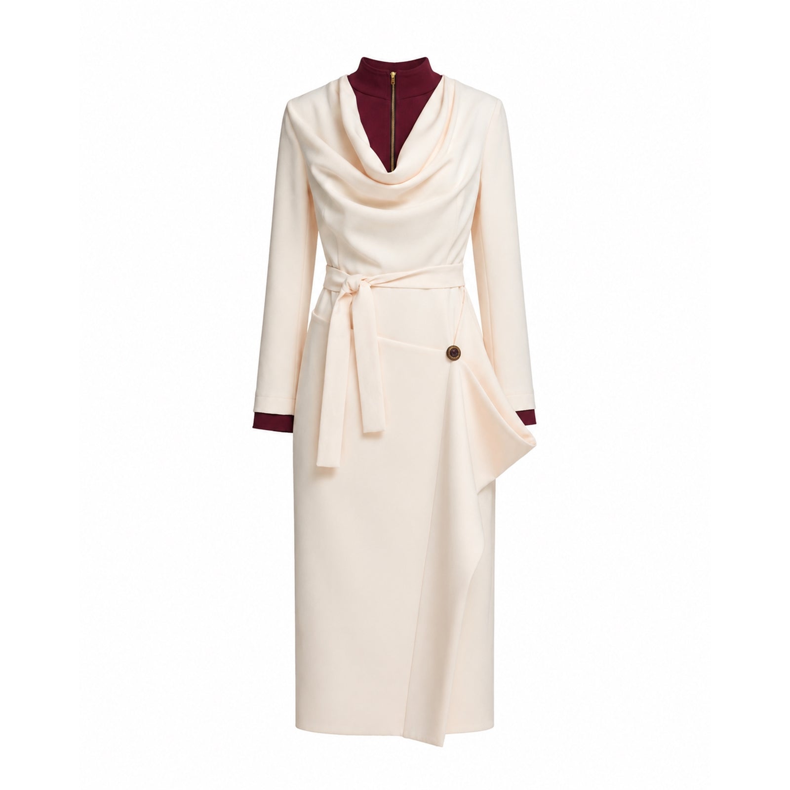 Two-Tone Asymmetric Draped High-Neck Midi Dress | Ivory