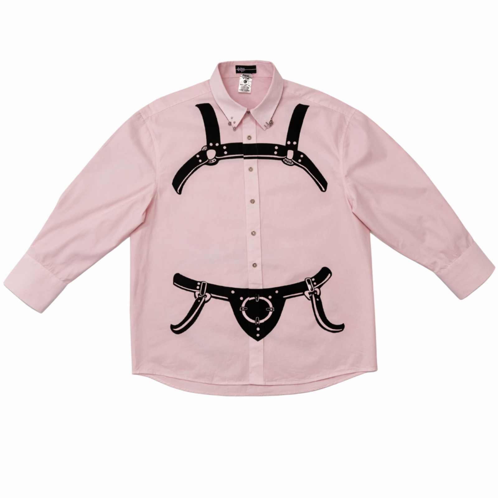Pink shirt with black harness designs on a white background
