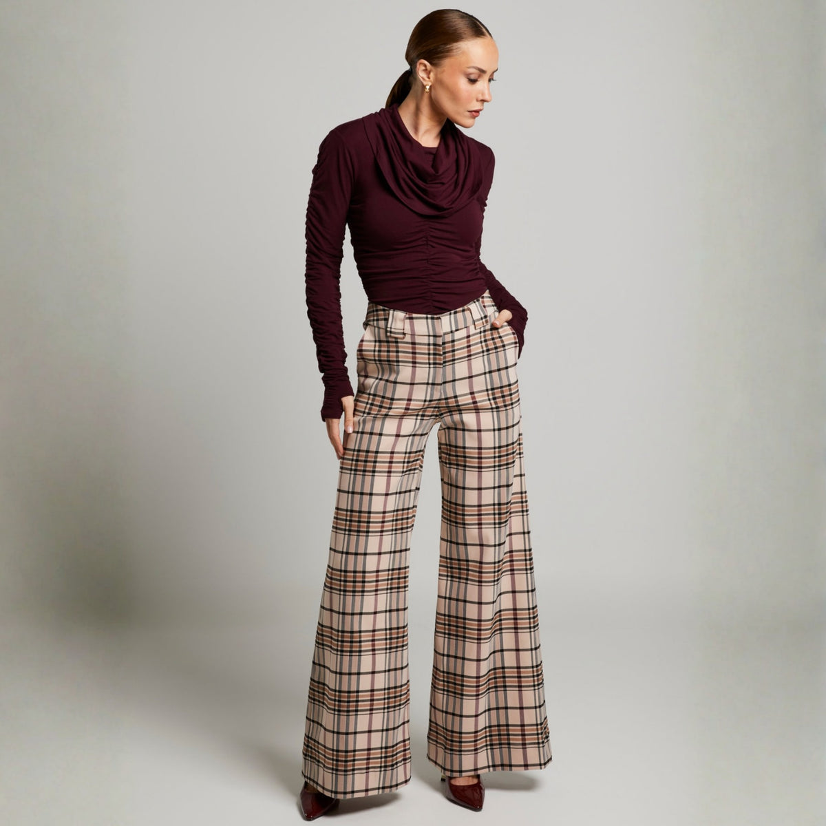 LIZ SKORSIS - Check Maddix Wide Leg Pant – Camel Check, PR Sample at DOORS NYC PR showroom