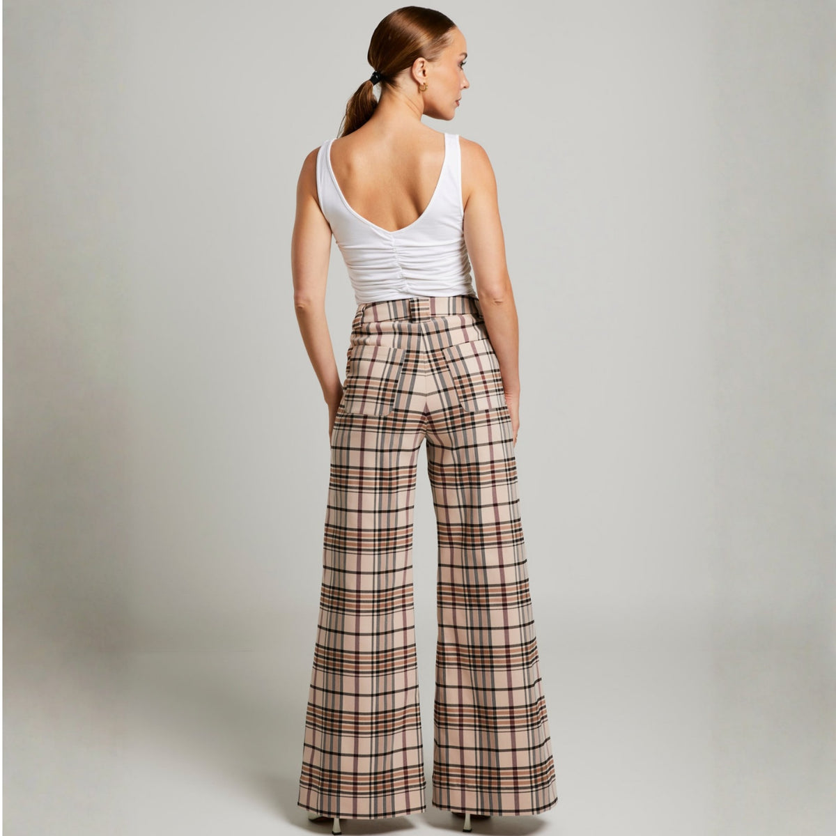 LIZ SKORSIS - Check Maddix Wide Leg Pant – Camel Check, PR Sample at DOORS NYC PR showroom