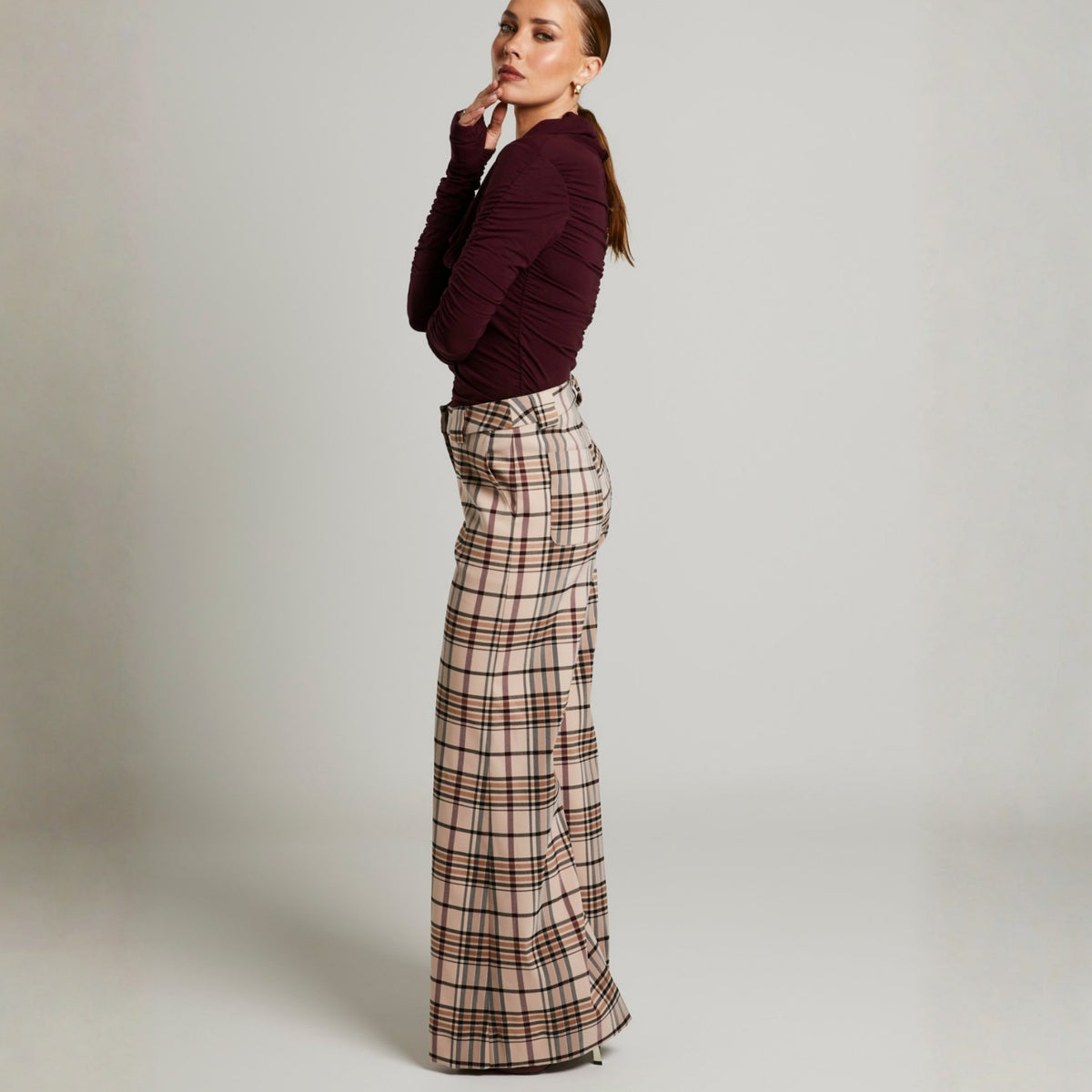 LIZ SKORSIS - Check Maddix Wide Leg Pant – Camel Check, PR Sample at DOORS NYC PR showroom