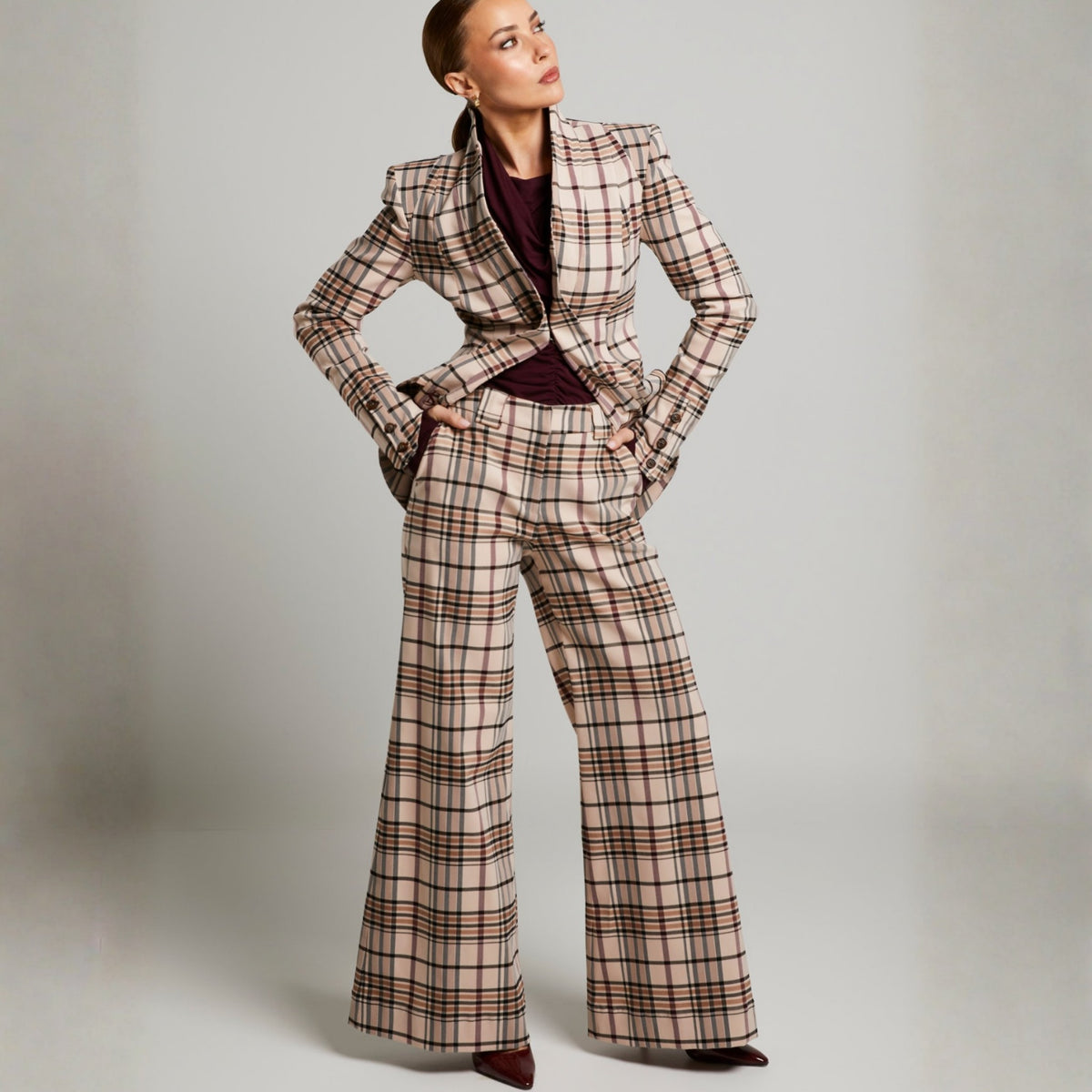 LIZ SKORSIS - Check Maddix Wide Leg Pant – Camel Check, PR Sample at DOORS NYC PR showroom