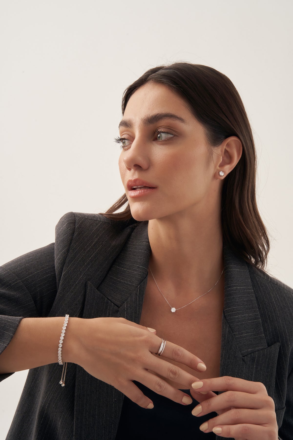 Silver Round Crystal Stud Earrings