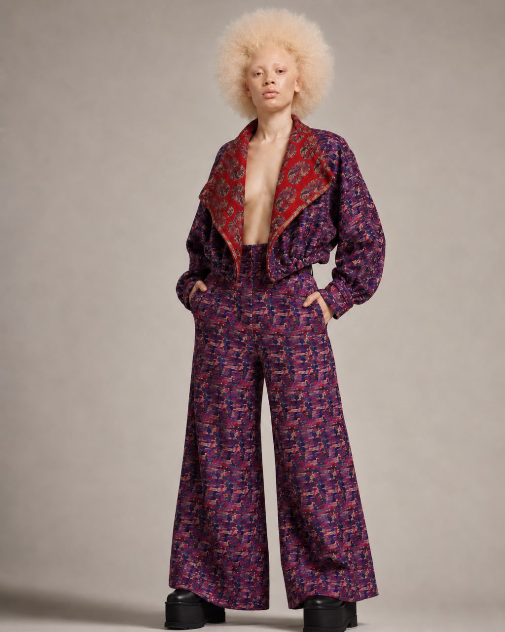 Model wearing Termeh Volumed Bomber Jacket by SAHAR JABERIAN