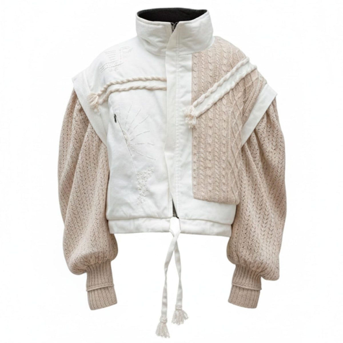 Two-tone jacket with white and beige sections on a white background