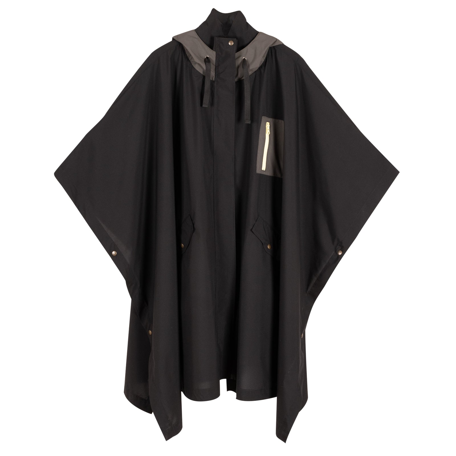 The SECO RAINWEAR Black Parka Lupe is a waterproof rain jacket with a hood, front zipper pocket, and snap buttons along the sides, shown on a plain white background.