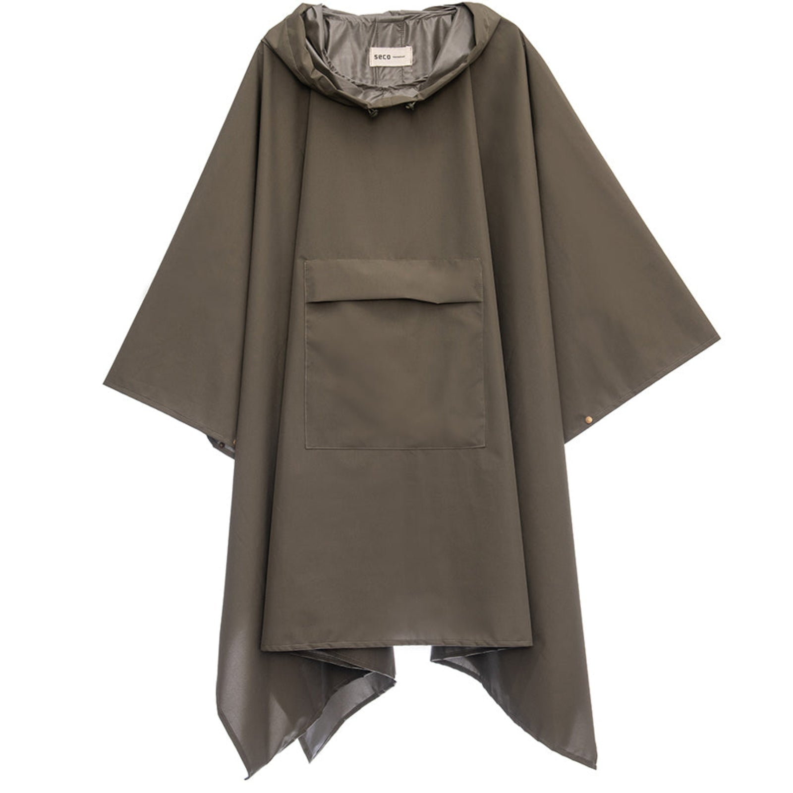 A khaki green hooded poncho from SECO RAINWEAR, known as the Militar Cape Dubai, is crafted from waterproof performance fabric and features wide sleeves along with a spacious front pocket. Displayed on a white background, this rainwear piece seamlessly merges practical functionality with contemporary design.