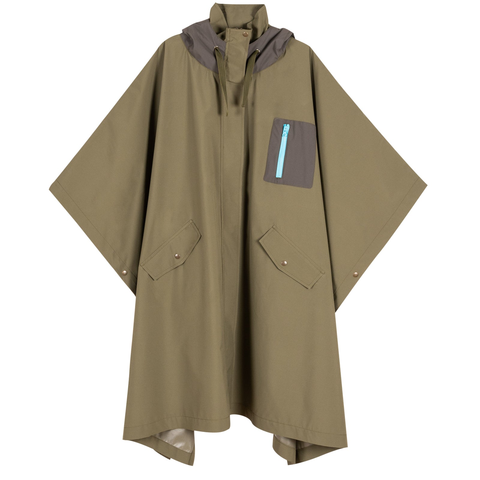SECO RAINWEAR’s Militar Parka Lupe is an olive green rain poncho featuring a hood, wide sleeves, two front flap pockets, and a gray chest pocket with a light blue zipper—delivering dependable waterproof protection and functional style for wet weather.