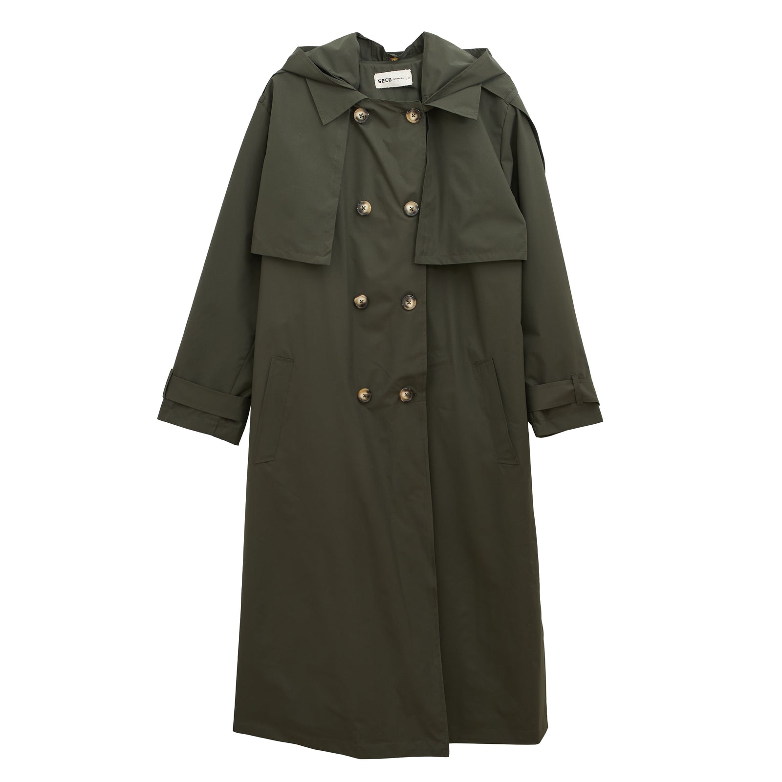 The Militar Bronx Trench Coat by SECO RAINWEAR, a long olive green waterproof trench featuring a double-breasted front, large buttons, wide lapels, and a detachable cape-like flap over the shoulders, is displayed against a white background.