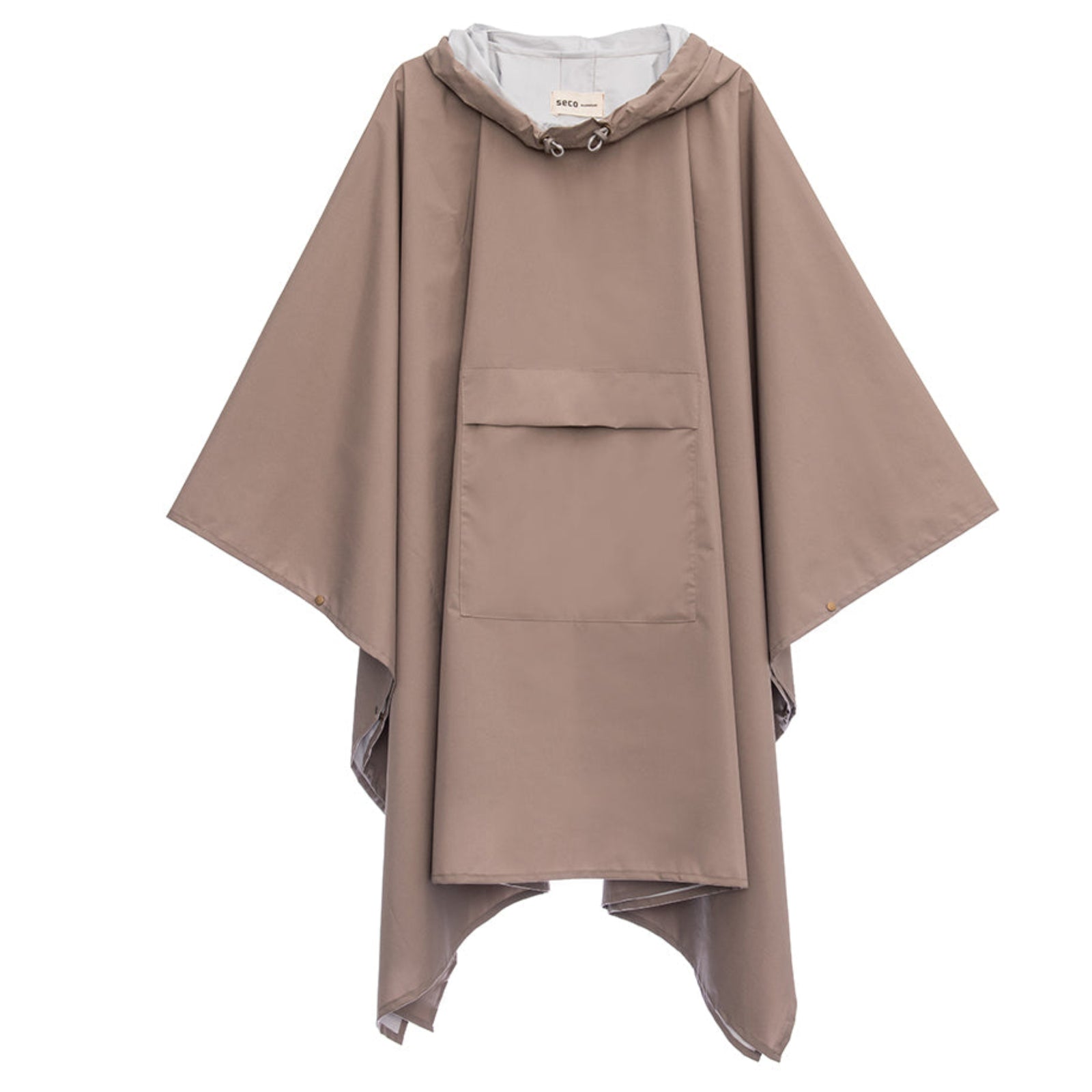 The Elephant Cape Dubai by SECO RAINWEAR is a taupe hooded rain poncho featuring a front pocket, wide sleeves, and an adjustable drawstring hood, offering stylish waterproof outerwear shown on a white background.