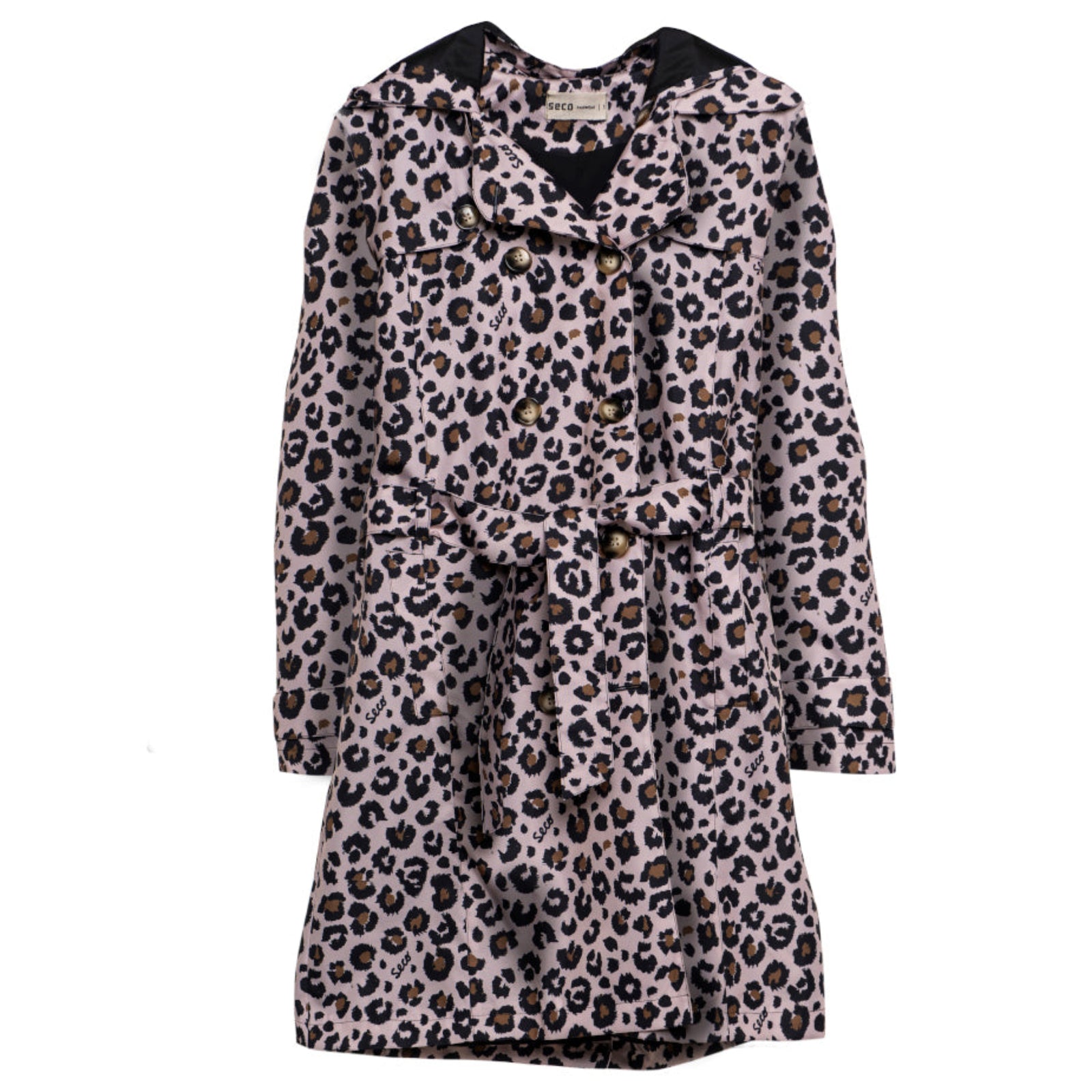 A SECO RAINWEAR Animal Print Manhattan Trench Coat featuring a wide collar, buttons, and a matching waist belt, displayed on a white background.