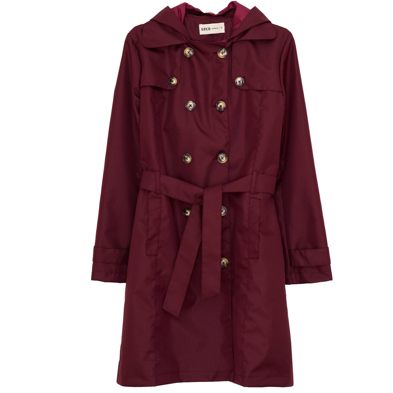 The SECO RAINWEAR Purple Manhattan Trench Coat is a burgundy trench coat inspired by utilitarian fashion, featuring a hood, double-breasted button closure, waist belt, and long sleeves.