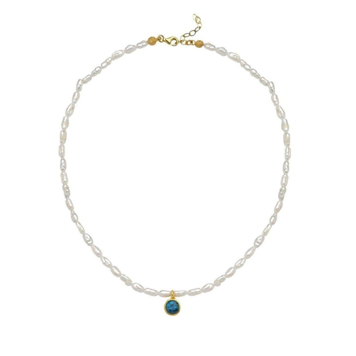 LINYA JEWELRY - Cosmic Pearl Zodiac Necklace Blue Birthstone, buy at DOORS NYC