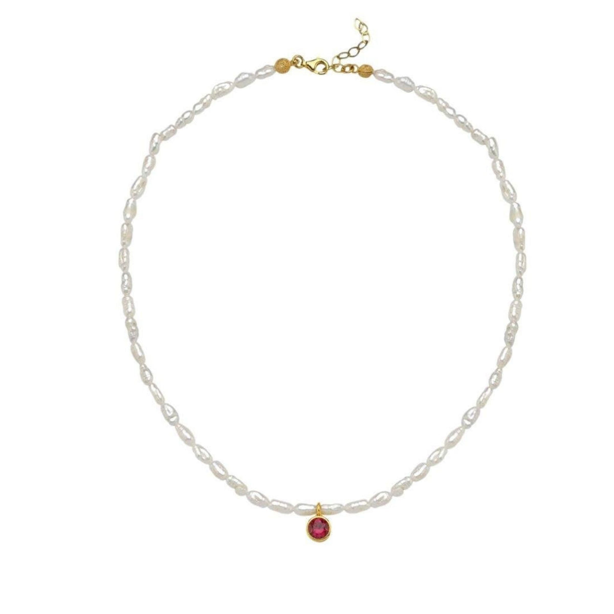 LINYA JEWELRY - Cosmic Pearl Zodiac Necklace Red Birthstone, buy at DOORS NYC