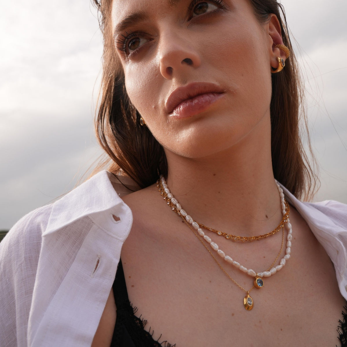 LINYA JEWELRY - Cosmic Pearl Zodiac Necklace Sky Blue Birthstone, buy at DOORS NYC