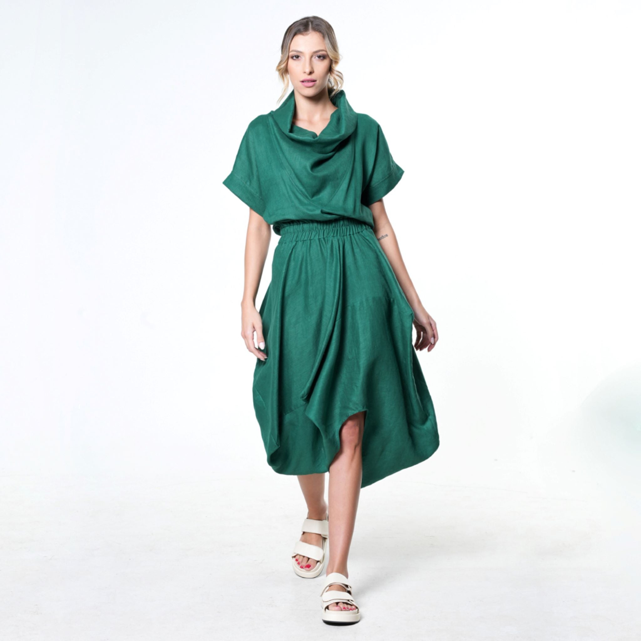 METAMORPHOZA - Cowl Neck Linen Dress | Green, buy at DOORS NYC