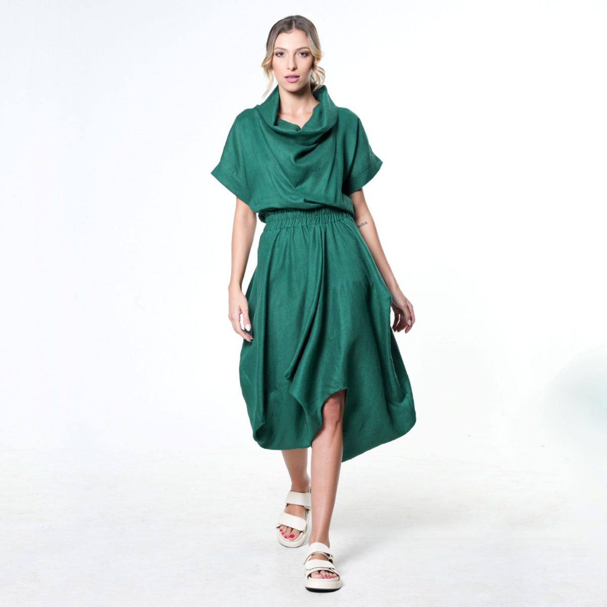 METAMORPHOZA - Cowl Neck Linen Dress | Green, buy at DOORS NYC