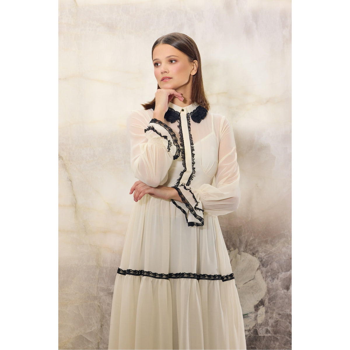 Cream Lace Trim Midi Dress