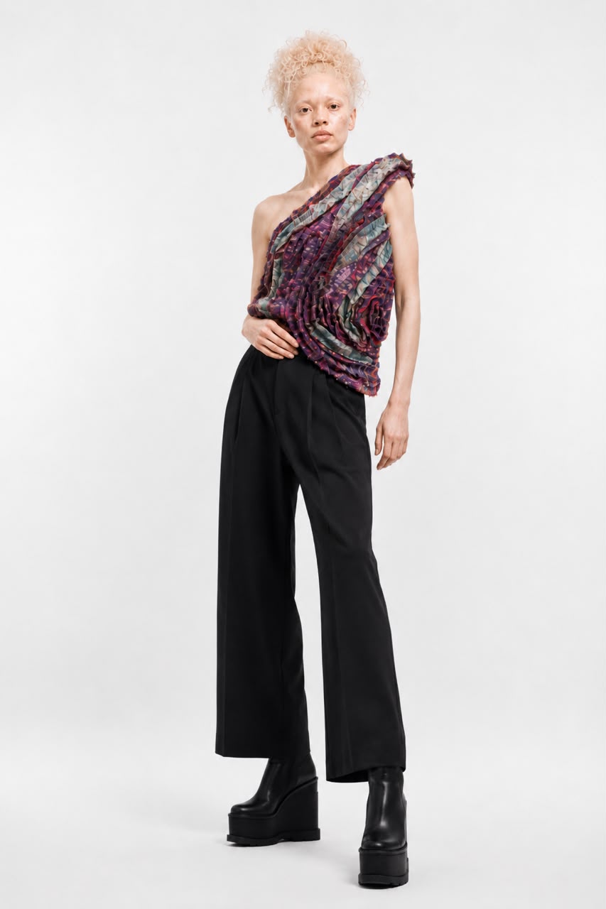 Model wearing Termeh Manipulated Vest by SAHAR JABERIAN
