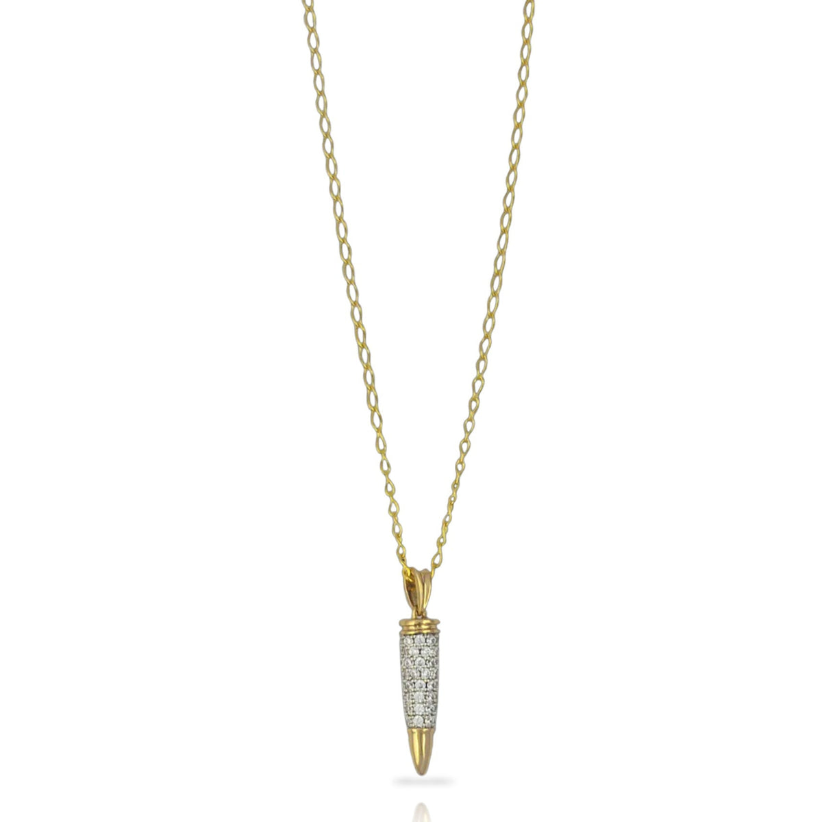 Gold necklace with a unique pendant on a white background