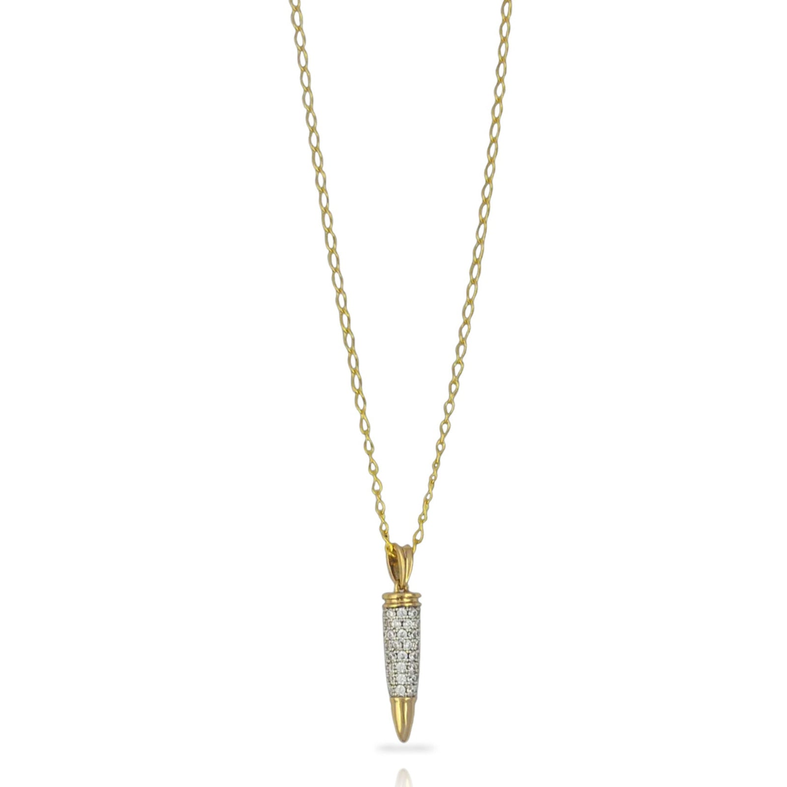 Gold necklace with a unique pendant on a white background