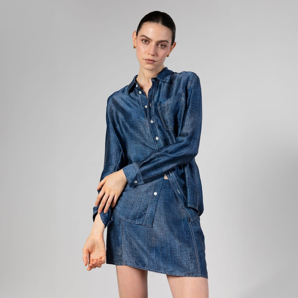Denim Print Silk Shirt with Contrast Stitching