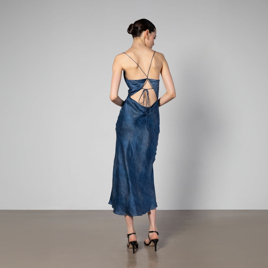 Denim Print Silk Slip Dress with Cowl Neck