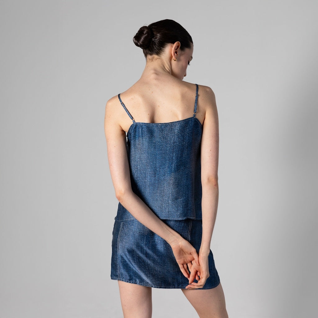 Dark Denim Wash Silk Camisole with Cut-Out Drape