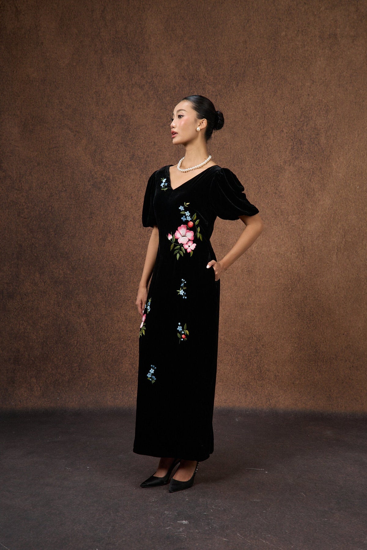 SILK &amp; BEARS black silk velvet maxi dress, full length view, women's holiday party dress, buy at DOORS NYC