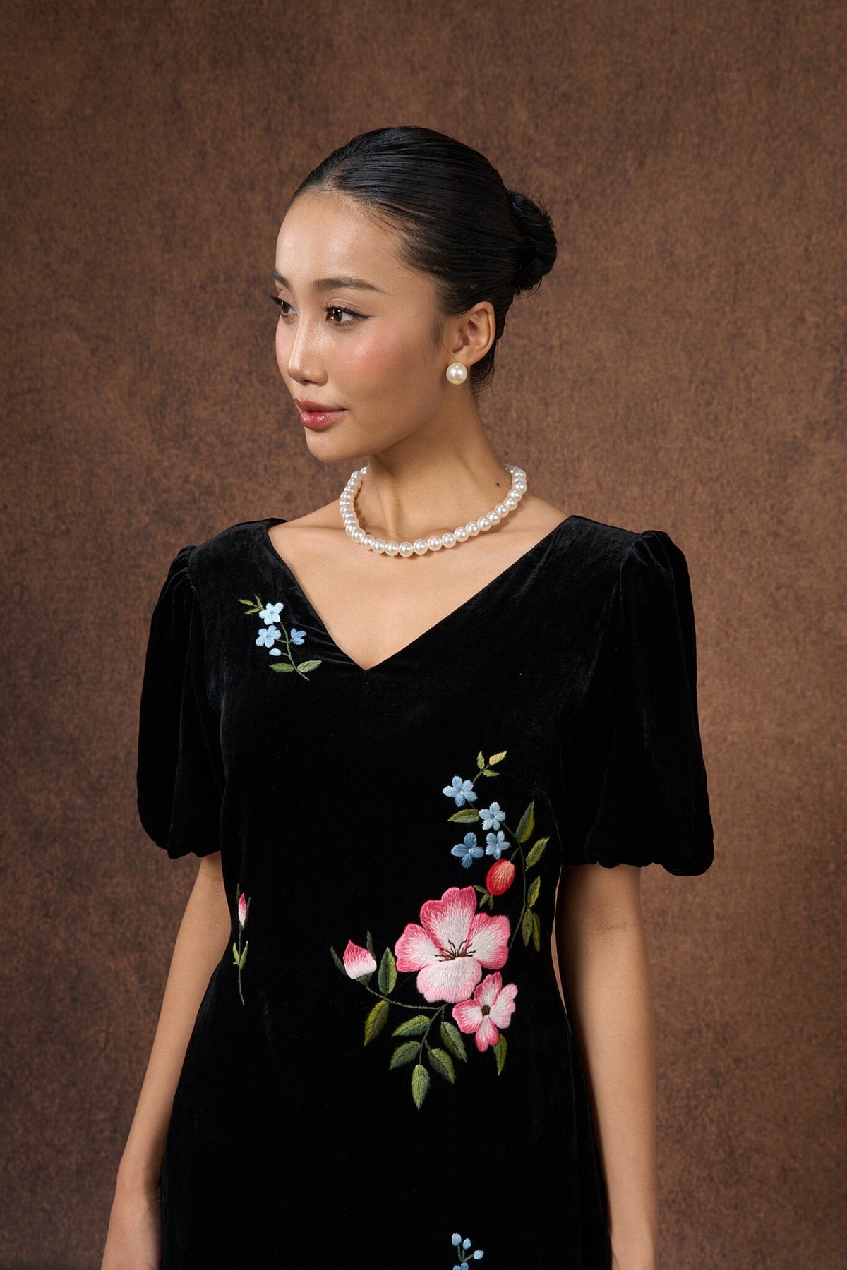 SILK &amp; BEARS black velvet maxi dress, hand-embroidered floral detail close-up, women's evening dress, buy at DOORS NYC