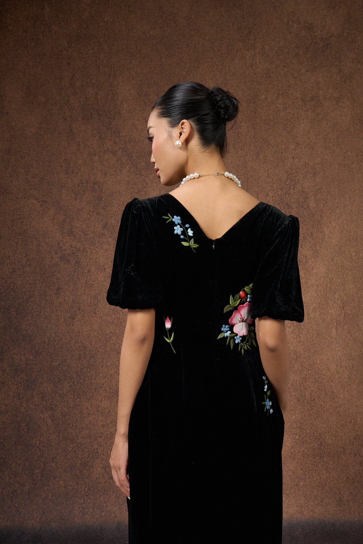SILK &amp; BEARS black silk velvet puff-sleeve dress worn by model, women's evening dress, buy at DOORS NYC