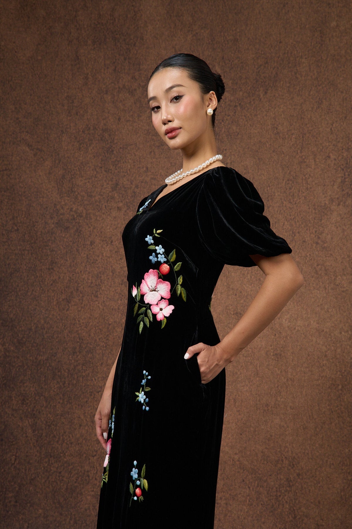 SILK &amp; BEARS black silk velvet maxi dress, velvet texture detail, women's evening dress, buy at DOORS NYC
