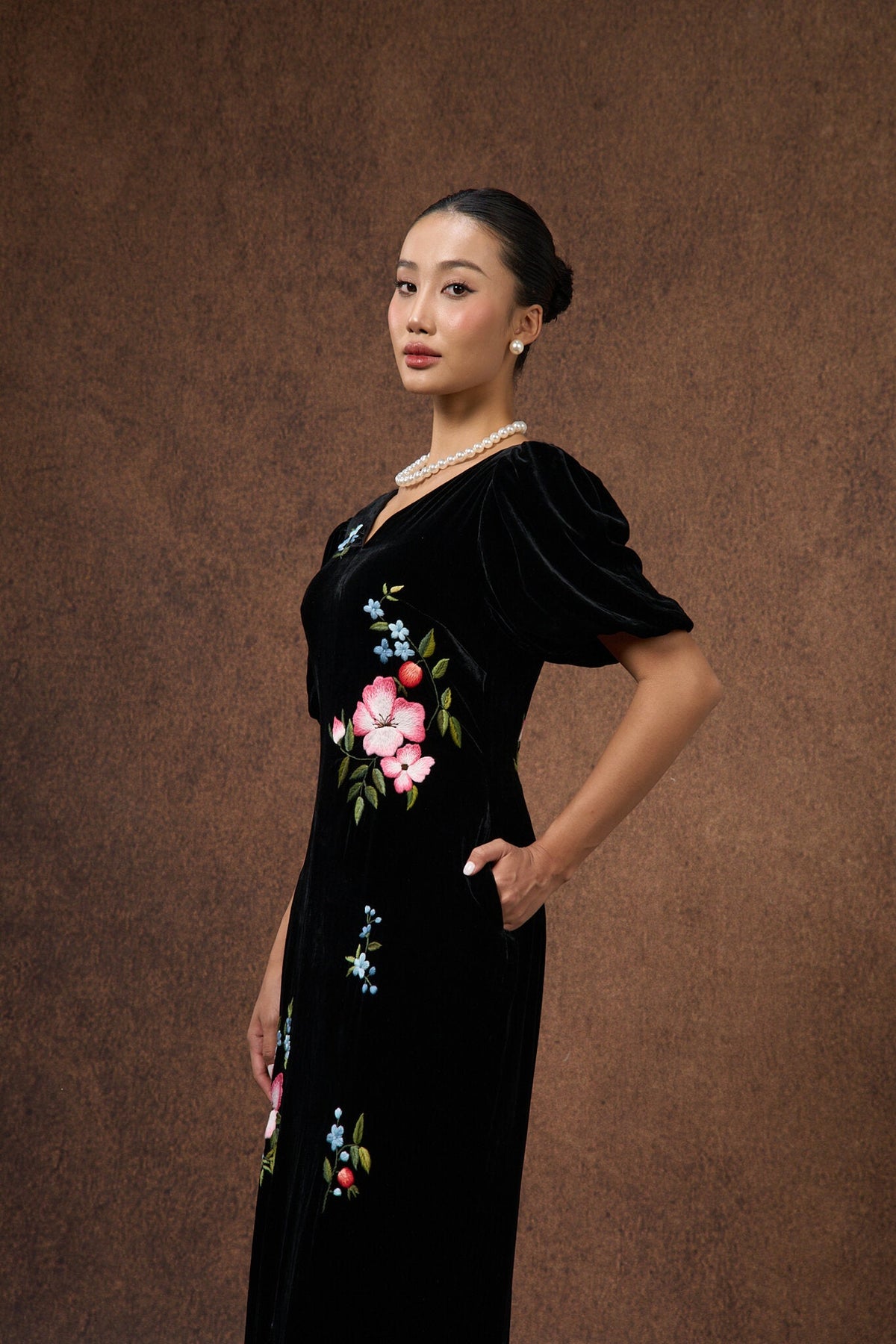 SILK &amp; BEARS black silk velvet maxi dress, styled look, women's holiday dinner dress, buy at DOORS NYC