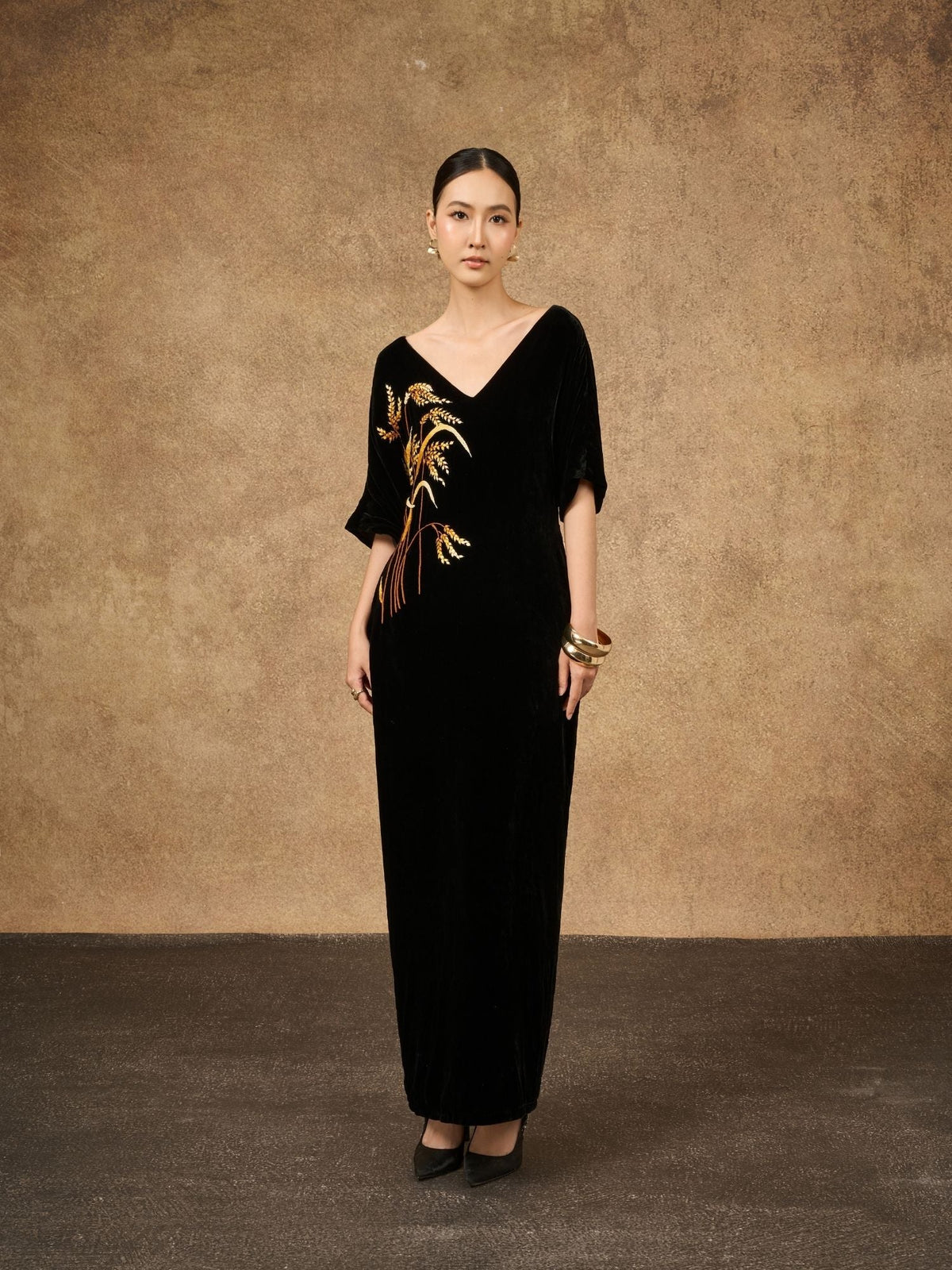SILK &amp; BEARS Golden Harvest black silk velvet maxi dress worn by model, gold wheat embroidery at the hip, women's evening dress, buy at DOORS NYC