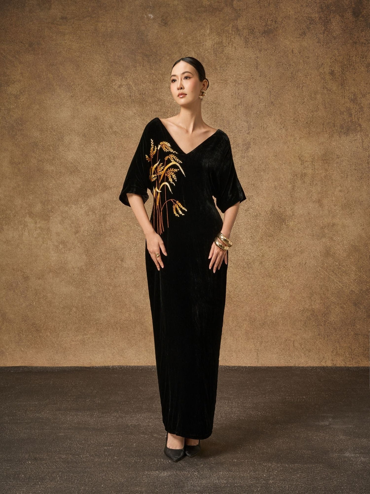 SILK &amp; BEARS black velvet maxi dress with kimono sleeves and V neckline, styled look, women's holiday party dress, buy at DOORS NYC